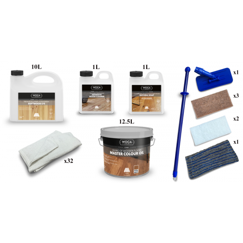 Kit Saving: DC002 (f) Woca Softwood Lye & Woca Master Colour Oil 118 extra white floor, Work by hand 76 to 95m2    (DC)